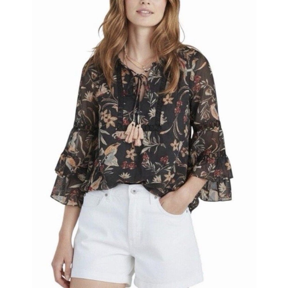 Anthropologie MAEVE Odette Blouse Medium Black Floral Bell Sleeve BOHO Peasant